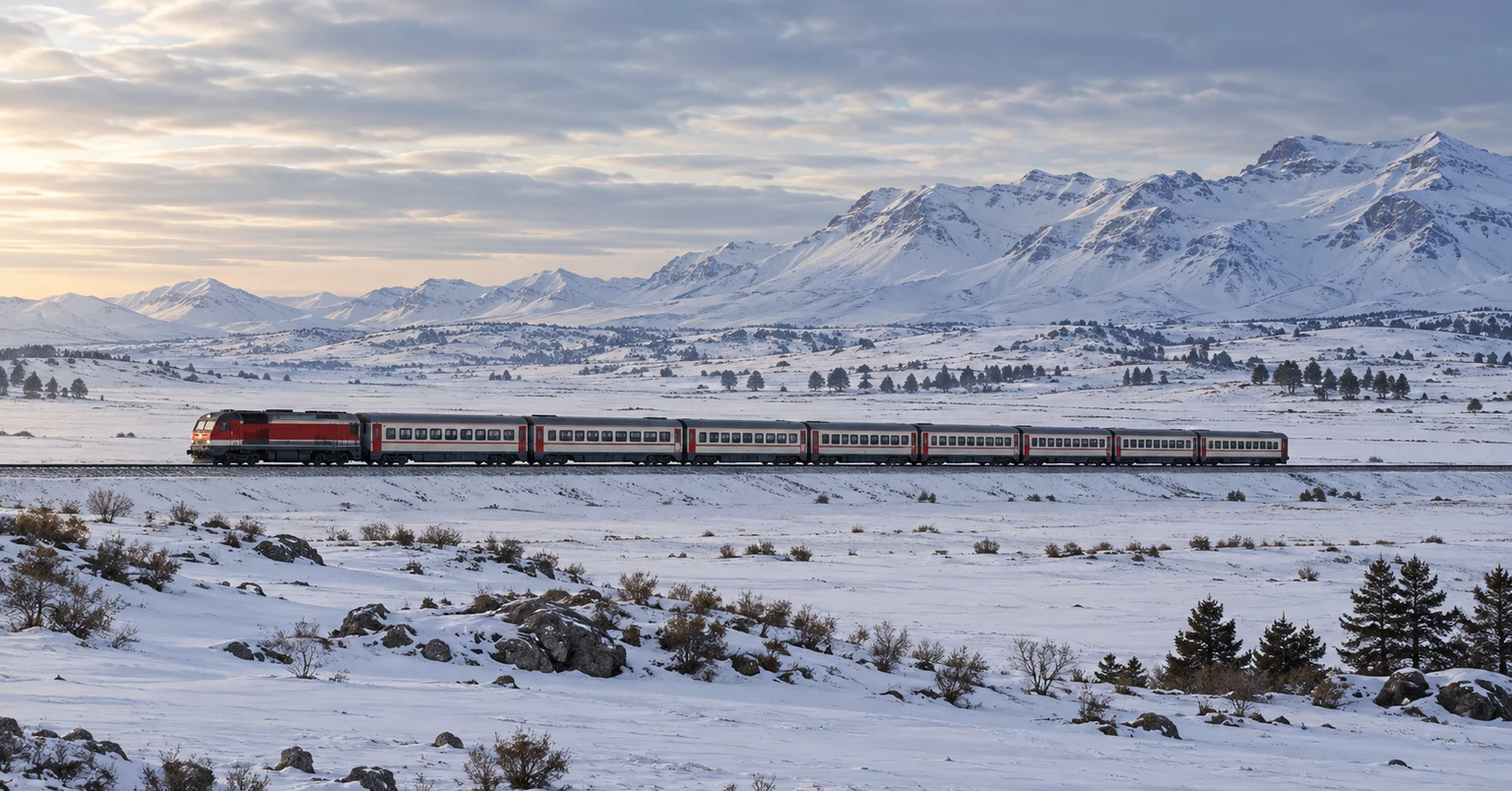 A long-distance passenger train crossing a broad snowy Anatolian plateau beneath winter mountains